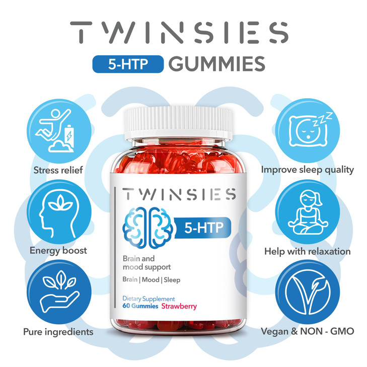 Twinsies 5-HTP Supplement 200mg Calm Gummies for Sleep Mood & Brain Health Support  L-Tryptophan 60 Strawberry Flavor Sleep Gummies for Adults  Glu