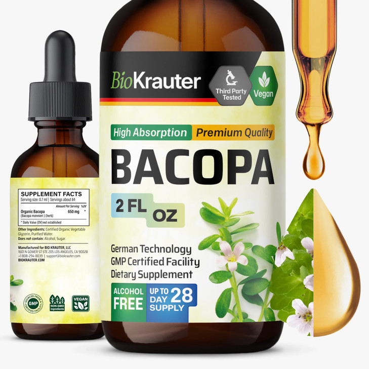 BIO KRAUTER® Bacopa Monnieri - Liquid Drops Bacopa Extract (Brahmi Powder) 650 mg per Serving 2 Fl.Oz 28-Day Supply - Pure Vegan Brain Supplement, Su
