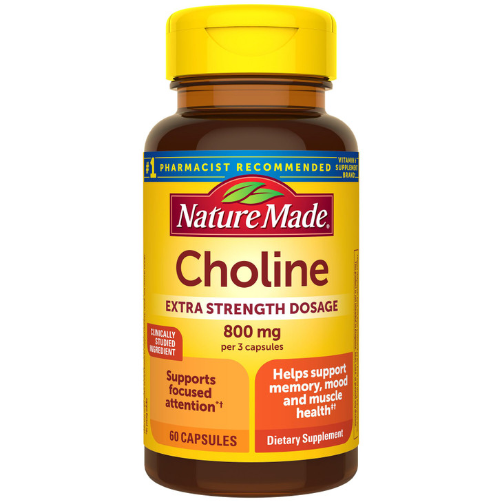 Nature Made Extra Strength Dosage Choline Supplements 800 Mg Per 3 Capsules, Brain Health, Mood, Muscle & Liver Support, Vegetarian, 60 Capsules, 20