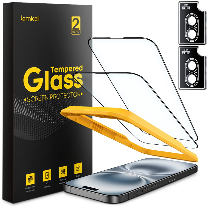 Lamicall 2+2 for iPhone 16 Screen Protector (6.1") with Camera Lens Protector, [Top 9H Tempered Glass Film], Easy Alignment Tool, Anti-Scratch, 0 Bub