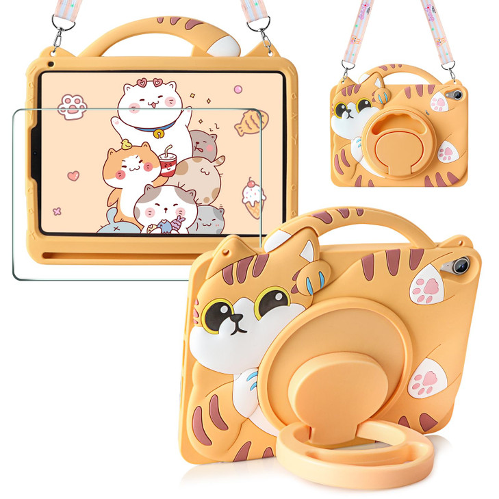 for iPad mini 7 (A17 Pro) 2024/for iPad mini 6 case 2021 8.3 Inch with Pencil Holder Screen Protector 360 Rotating Stand Lanyard Silicon Cute Cat Pro