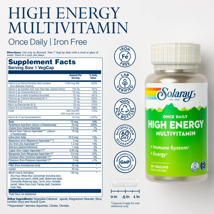 SOLARAY Once Daily High Energy Multivitamin, Iron Free, Immune System and Energy Support, Whole Food and Herb Base Ingredients, Mens and Womens Multi