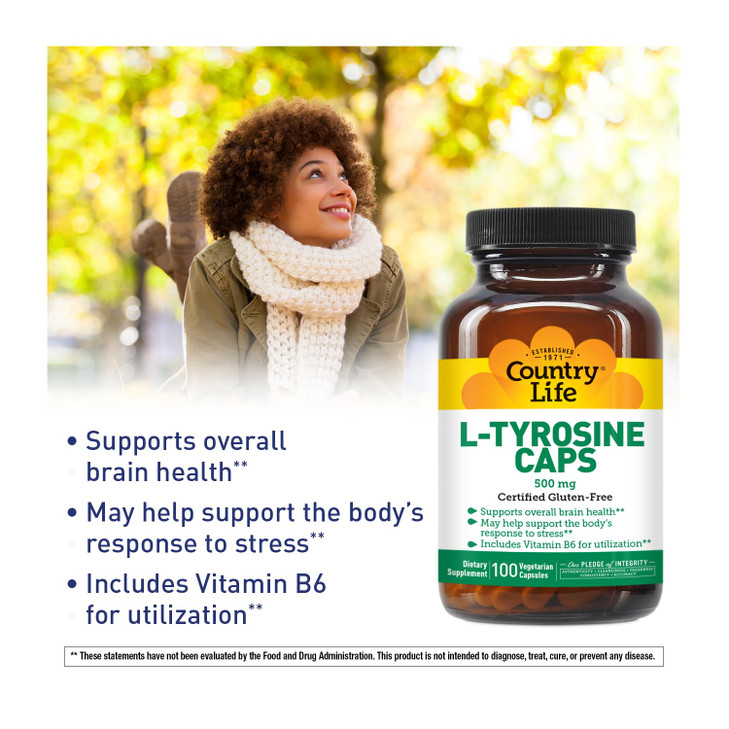 Country Life L-Tyrosine 500mg with Vitamin B6 Supplement - Certified Gluten-Free, Vegetarian, Kosher, Boosts Focus & Energy, Supports Brain Health, E