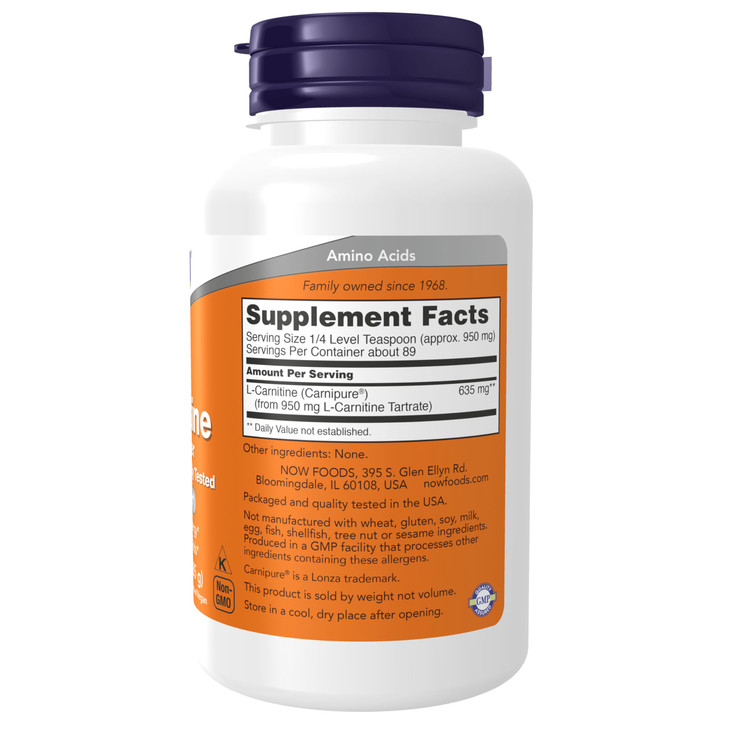 NOW Foods Supplements, L-Carnitine (L-Carnitine Tartrate) Pure Powder, Boosts Cellular Energy, Amino Acid, 3-Ounce