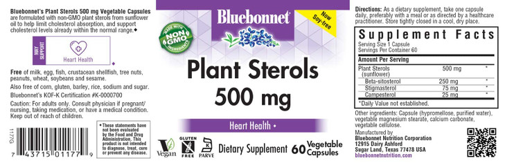 Bluebonnet Nutrition Plant Sterols 500mg, Supports Heart Health*, Gluten-Free, Non-GMO, Kosher, Dairy-Free, Vegan, 60 Vegetable Capsules, 60 Servings