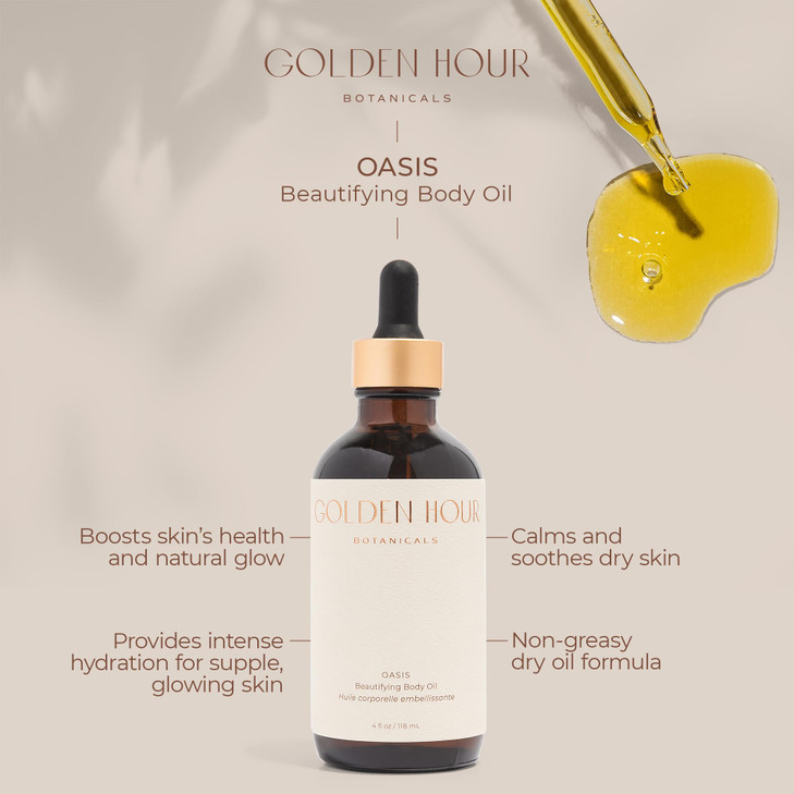 GOLDEN HOUR BOTANICALS Organic Skin Care Products Made in USA, Vegan, Cruelty Free, Moisturizing + Hydrating Beautifying Body Oil with Rose Hip Oil,