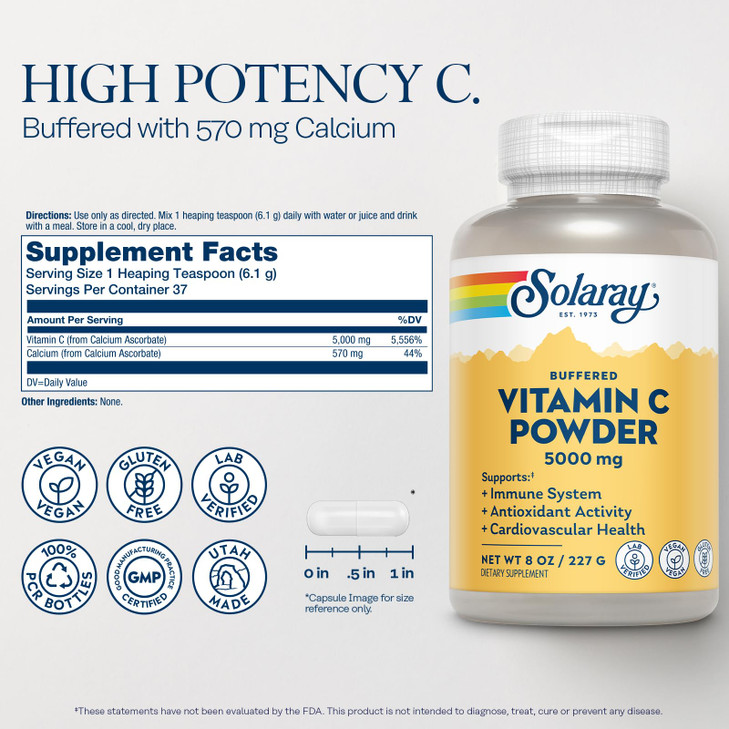 Solaray Vitamin C Ascorbic Acid Powder 5000mg - Powdered Vitamin C Supplement for Men & Women, Immune & Skin Support, Natural Antioxidant, Mix in Wat