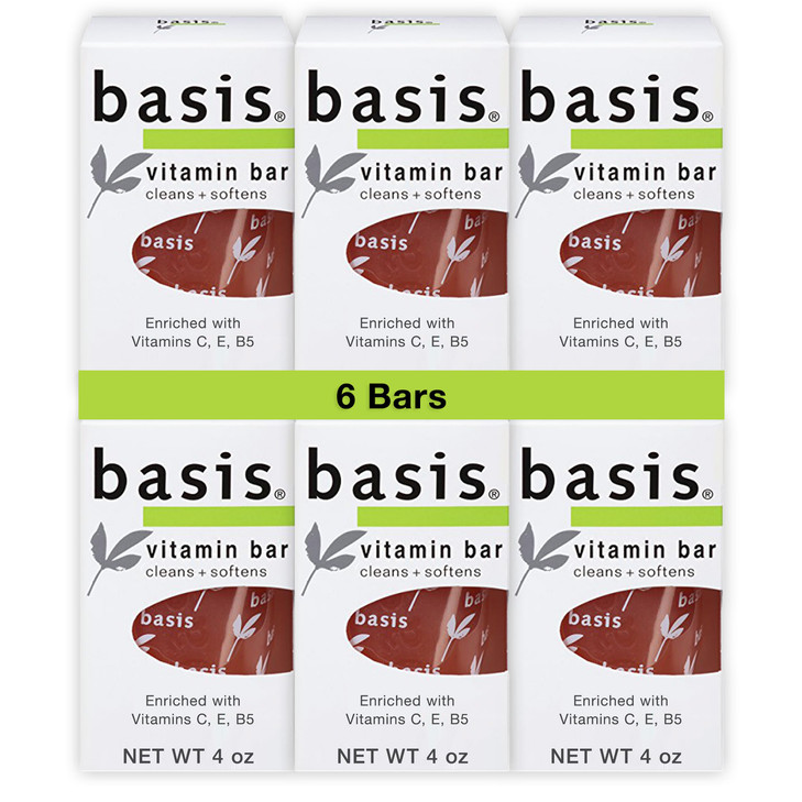 Basis Vitamin Bar Soap for Body, Hands and Face, Natural Soap Bar for All Skin Types with Vitamin C, E and B5, 4 Oz, Pack of 6