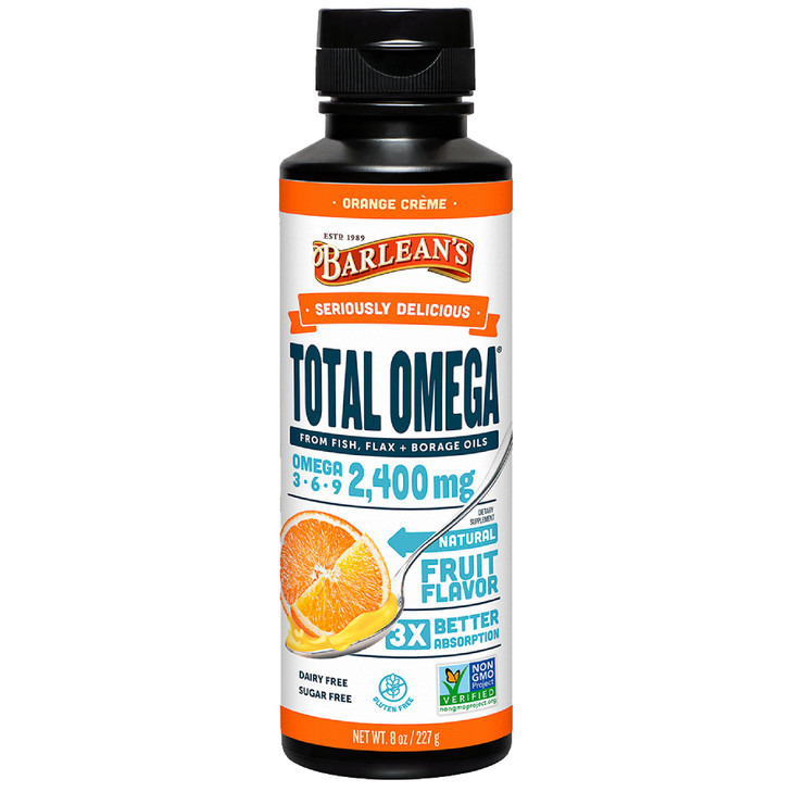 Barlean's Total Omega 3 6 9 Orange Crème Liquid Fish Oil Supplement with Borage and Flaxseed Oil, 2,400 mg of Omegas EPA and DHA Plus GLA for Joint a