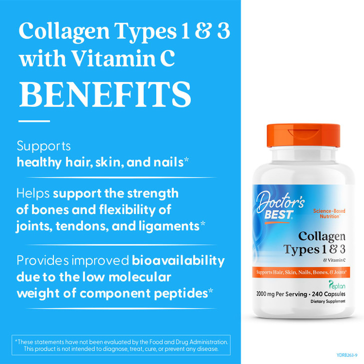 Doctor's Best Collagen Types 1 & 3 with Vitamin C, Non-GMO, Gluten Free, Soy Free, Supports Hair, Skin, Nails, Tendons & Bones, 500 mg, 240 Caps (DRB