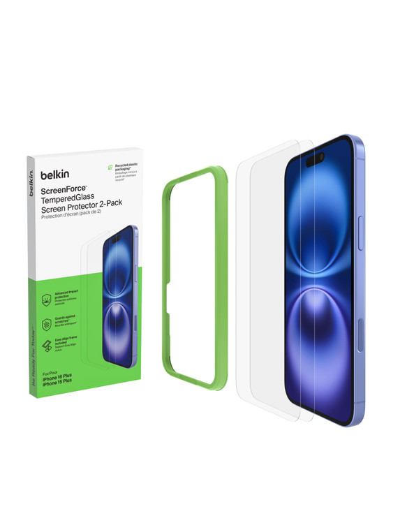 Belkin ScreenForce TemperedGlass Treated Screen Protector for iPhone 16 Plus & iPhone 15 Plus - Slim & Scratch-Resistant - Includes Easy Align Frame