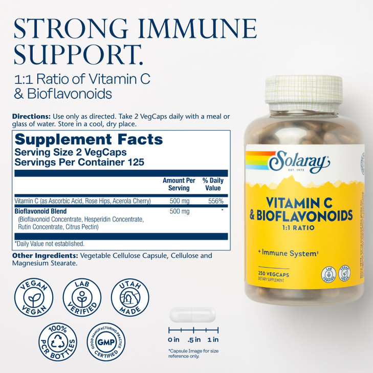SOLARAY Vitamin C 500mg with Citrus Bioflavonoids, 1:1 Ratio - Antioxidant and Immune Support Supplement - Vitamin C with Rose HIPS and Acerola, Vega