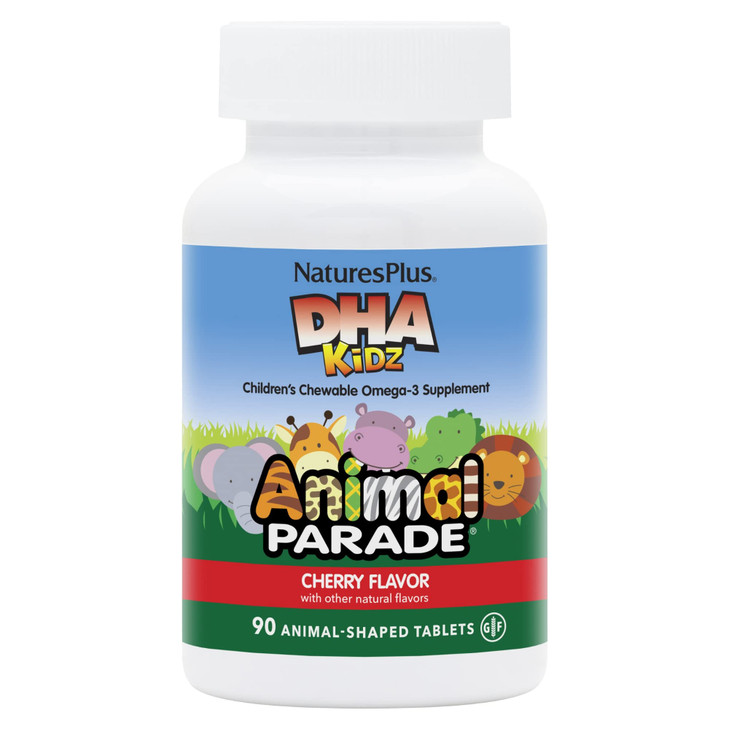 NaturesPlus Animal Parade DHA Children's Chewables - Natural Cherry Flavor - 90 Chewable Animal-Shaped Tablets - Omega 3 Fatty Acid Supplement - Glut