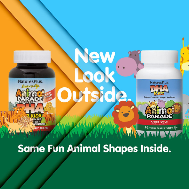 NaturesPlus Animal Parade DHA Children's Chewables - Natural Cherry Flavor - 90 Chewable Animal-Shaped Tablets - Omega 3 Fatty Acid Supplement - Glut