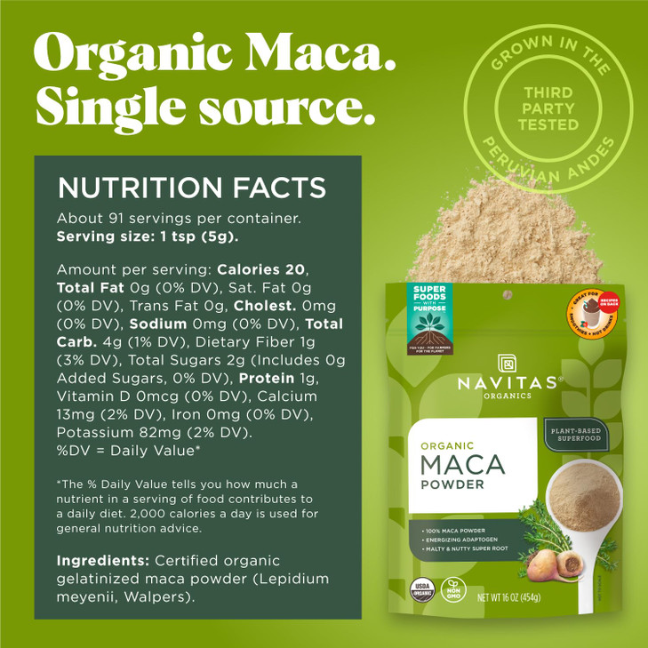 Navitas Organics Maca Powder  100% Gelatinized Peruvian Maca for Smoothies, Lattes, Baking & More  Energize & Balance - USDA Organic, Non GMO, Vega