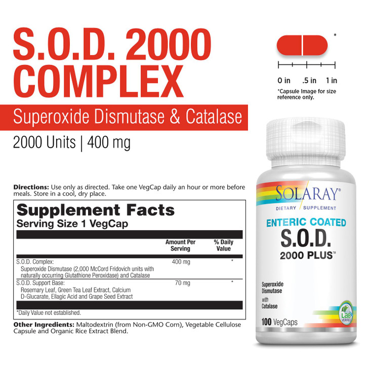 SOLARAY S.O.D. 2000 Plus - Superoxide Dismutase (SOD) and Catalase Antioxidant Supplement, Wellness Support - w/Green Tea Extract, Calcium, Rosemary,
