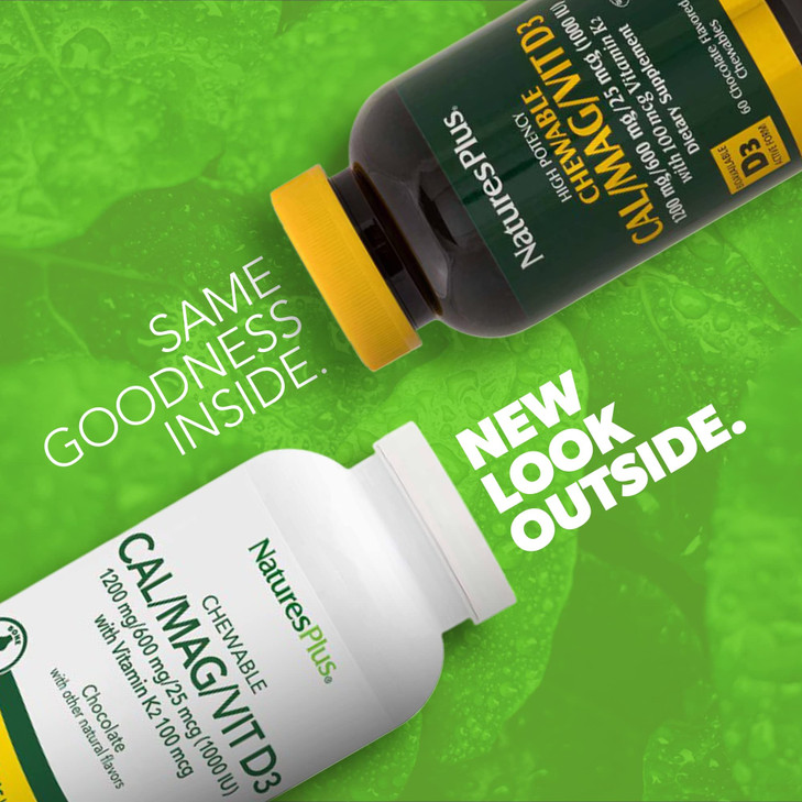 NaturesPlus Cal/Mag/VIT D3 with Vitamin K2-60 Chewable Tablets - Chocolate Flavor - Calcium, Magnesium, Vitamin D3 & K2 Bone Health Support Supplemen