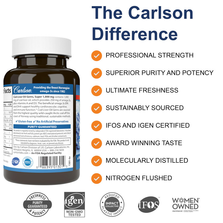 Carlson - Cod Liver Oil, Super 1000 mg + Vitamins A & D3, Wild Norwegian, Sustainably Sourced, 100 Softgels