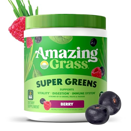 Amazing Grass Greens Superfood Powder: Greens Powder with Digestive Enzymes & Probiotics, Organic Spirulina, Chlorella, and Beet Root Powder, Berry,