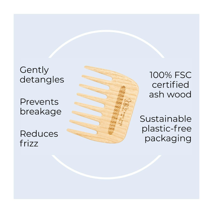 TEK | Wooden Hair Comb with Long Rounded Teeth in Natural Ash Wood, Large Rectangular Wooden Comb Ideal for Detangling and Styling for Wavy and Curly