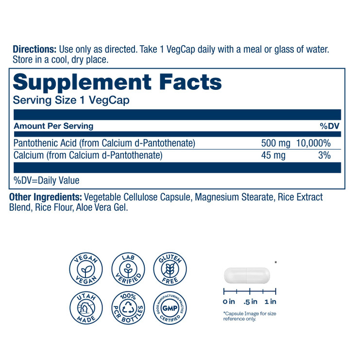 SOLARAY Pantothenic Acid 500mg - Pantothenic Acid Supplement (Vitamin B5) - Essential B Complex Vitamin - Nervous System and Cellular Energy Support