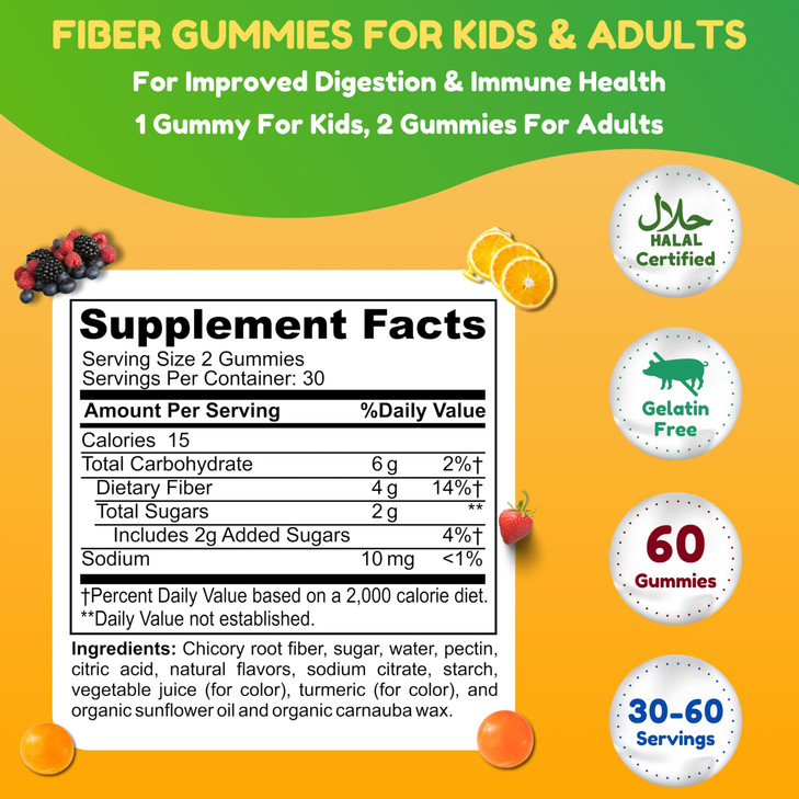 SHIFAA NUTRITION Halal & Gluten Free Fiber Gummies for Kids & Adults | 4g, 30-60 Servings | 60 Gummies | Improves Digestive Health, Immunity & Gut He