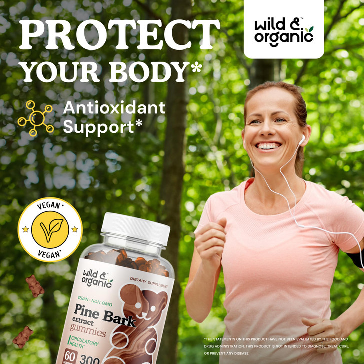 Wild & Organic Pine Bark Extract Gummies 300mg - Antioxidant Support w/French Maritime Pine Bark Tree - Pinus Pinaster Supplements - 60 Antioxidant G