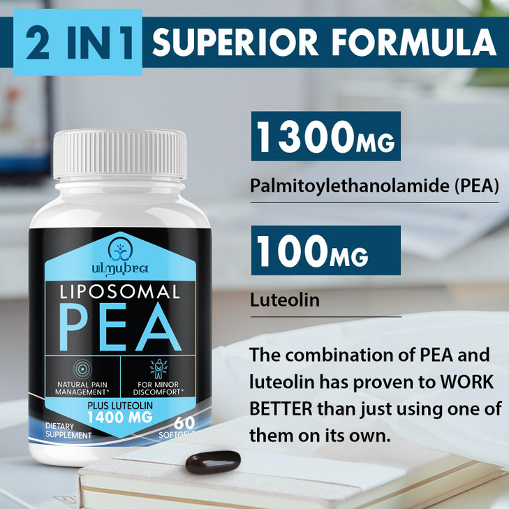 Ulmubra Liposomal Palmitoylethanolamide 1300 MG Plus Luteolin 100 MG, Superior Absorption, Micronized Pea Supplement for Discomfort Management, 60 So