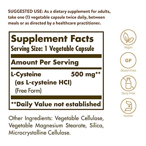 Solgar L-Cysteine 500 mg, 90 Vegetable Capsules - Free Form Amino Acid - Keratin Support for Skin, Hair & Nails - Glutathione Support - Vegan, Gluten