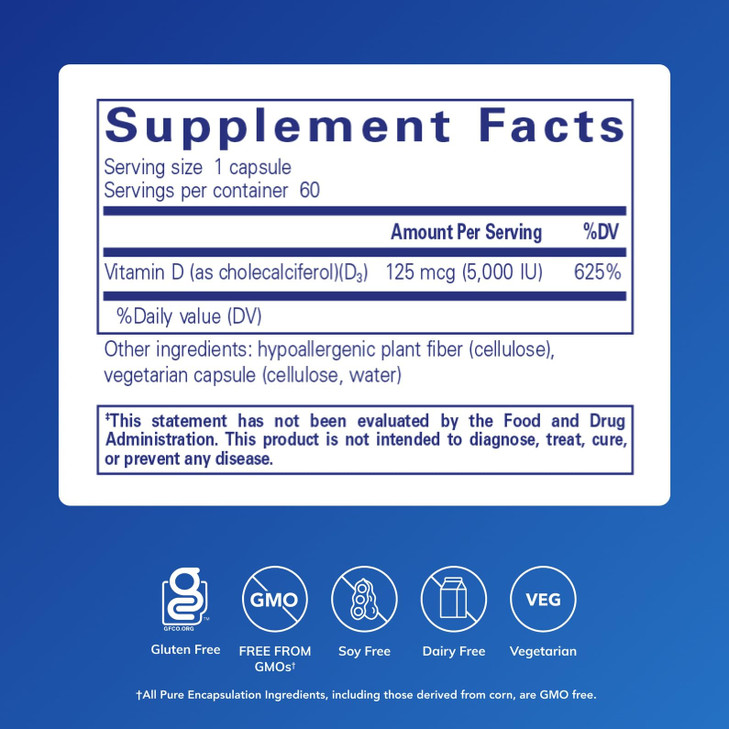 Pure Encapsulations Vitamin D3 125 mcg (5,000 IU) - Supplement to Support Bone, Joint, Breast, Heart, Colon, and Immune Health* - with Vitamin D - 60