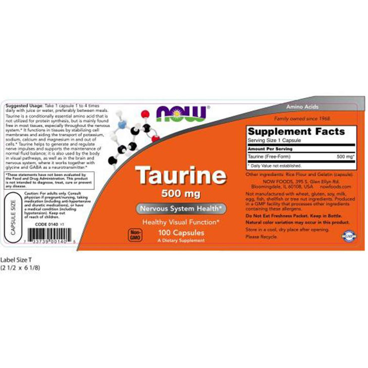 NOW Taurine 500mg, 100 Capsules (Pack of 3)