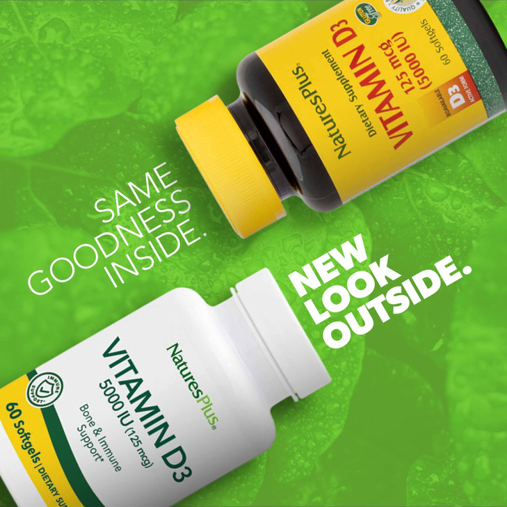 NaturesPlus Vitamin D3 5000 IU - 60 Softgels - Bone Strength & Immune Support - 60 Servings