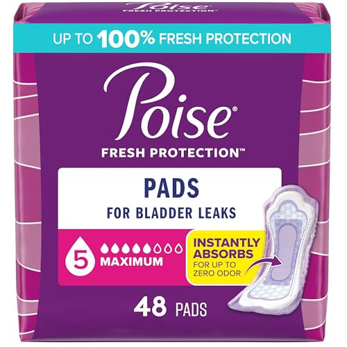 Poise Incontinence & Postpartum Pads for Bladder Leaks, 5 Drop Maximum Absorbency, Regular Length, 48 Count, Packaging May Vary