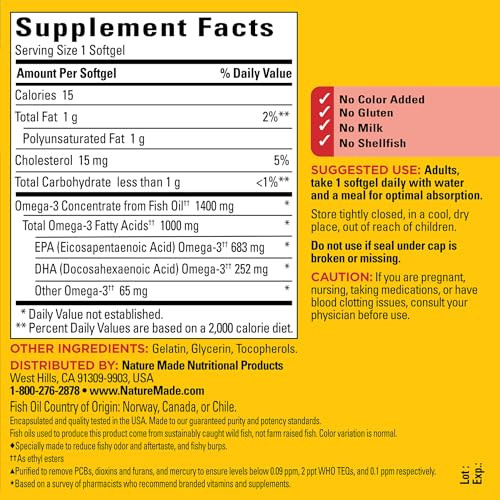 Nature Made Burp Less Ultra Omega 3 Fish Oil Supplements, 1400mg Fish Oil Omega 3 Supplements as Ethyl Esters for Healthy Heart Brain Eyes Support, O