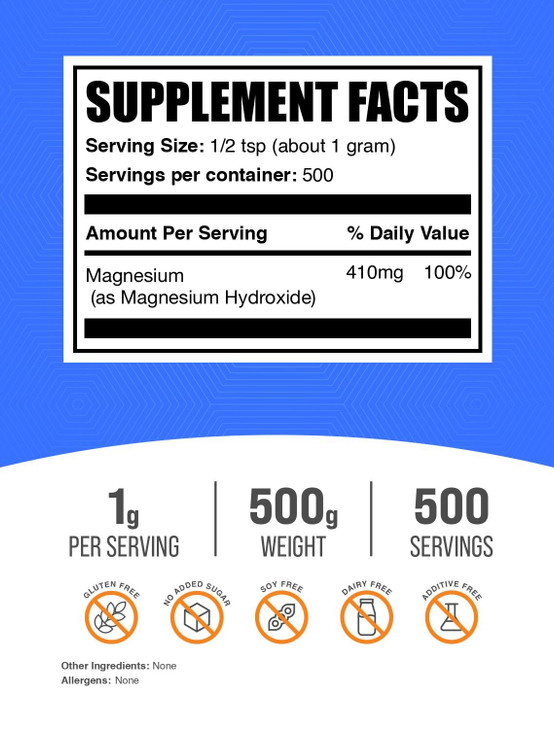 BulkSupplements.com Magnesium Hydroxide Powder - Magnesium Hydroxide Supplement - Food Grade & Gluten Free, 1g per Serving, 500g (1.1 lbs) (Pack of 1
