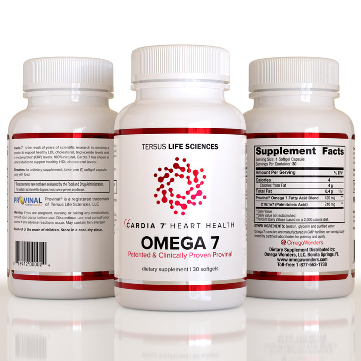 CARDIA7 Heart Health Omega 7 - Containing Patented Provinal Purified Omega 7 Fatty Acids - No Fish Taste or Burp-Back - 30ct Soft Gels
