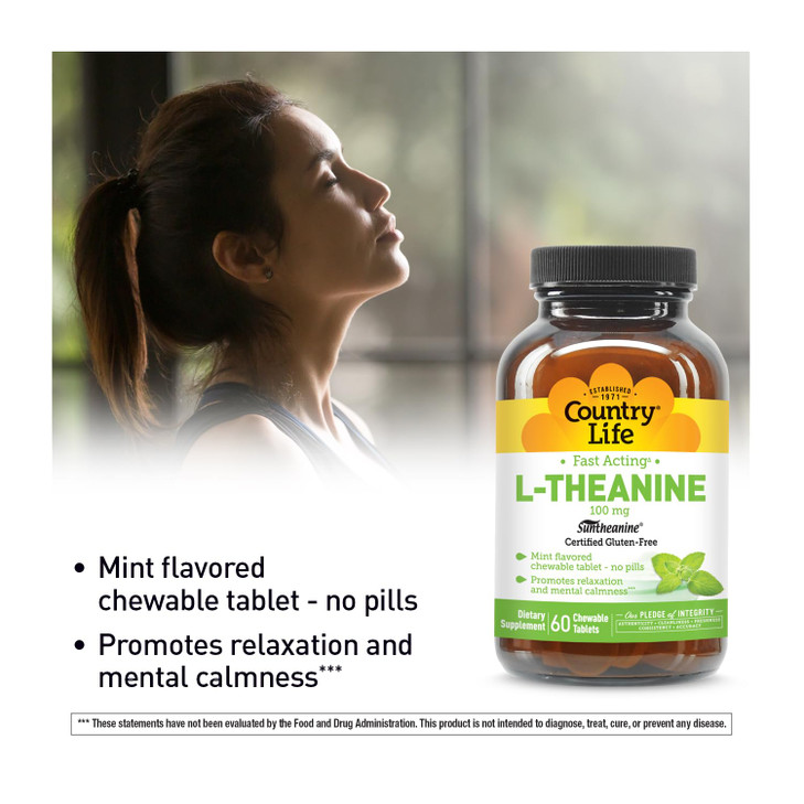 Country Life L-Theanine Fast-Acting 100mg, 60 Chewable Tablets, Mint- Flavored, Certified Gluten Free, Certified Vegan