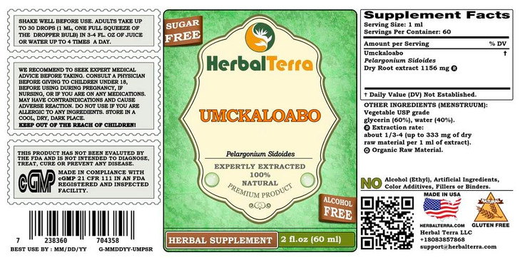 Herbal Terra LLC Umckaloabo (Pelargonium Sidoides) Glycerite, Dried Roots Alcohol-Free Liquid Extract 2 oz