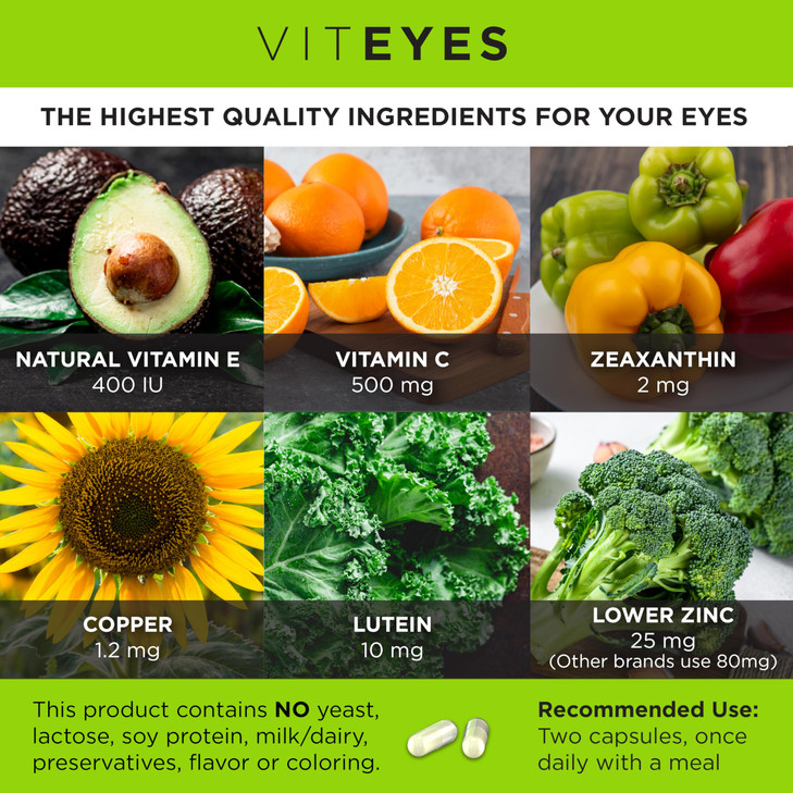 Viteyes AREDS 2 Eye Vitamins, Classic Macular Support, Allergen Free Capsules, with Natural Vitamin E, Vitamin C, Zinc, Copper, Lutein & Zeaxanthin,