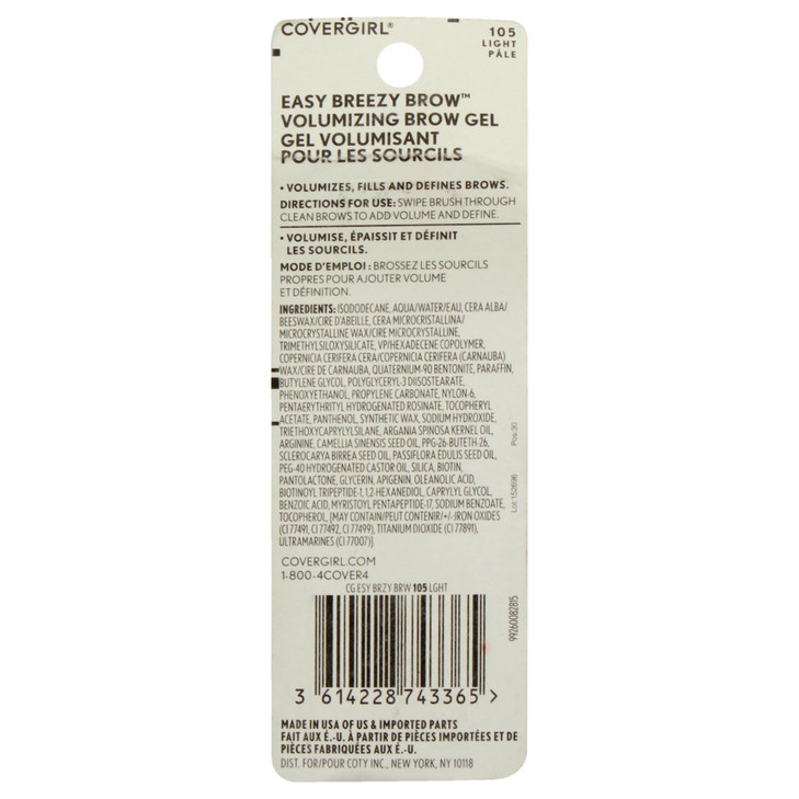 COVERGIRL - Easy Breezy Brow Volumizing Gel, Holds Brows for 24 Hours, Infused with Argan Oil & Biotin, 100% Cruelty-Free