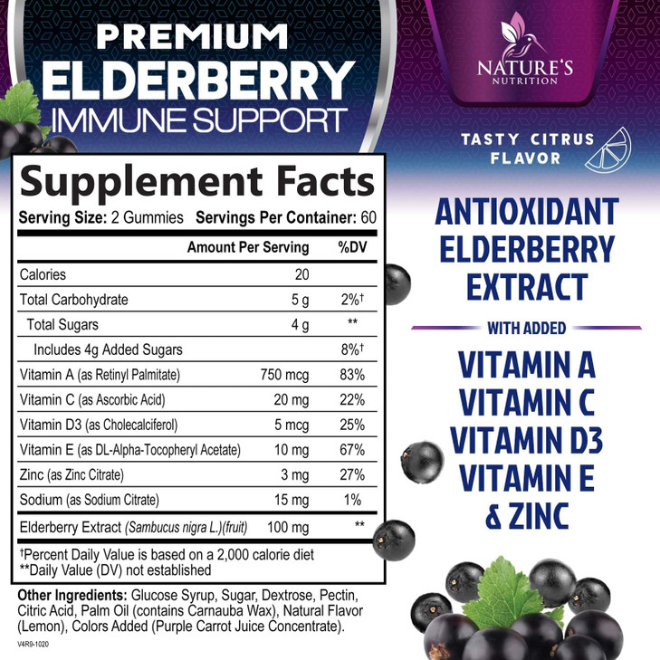 Elderberry Immune Support Gummies - 3X Strength Sambucus Elderberry Gummy with Vitamin C, D3 & Zinc - Natures Black Elderberry Extract - Immune Supp