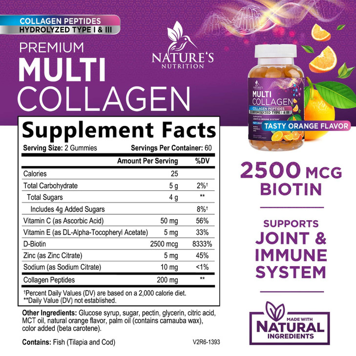 Collagen Peptides Gummies with Biotin - 2500mcg Hair Growth, Skin & Nails Supplement - Hydrolyzed Collagen Multi Type I & III - Vitamin C & Zinc for