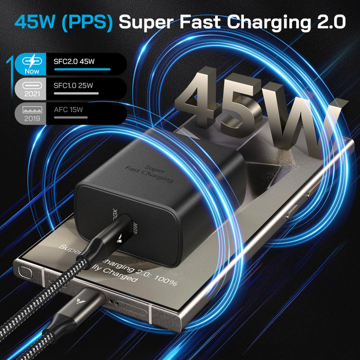 45W Super Fast Charger USB C, 45 Watt Type-C Android Phone Charger Fast Charging Block with 10FT Type C Cords for Samsung Galaxy S25 Ultra/S24 Ultra/