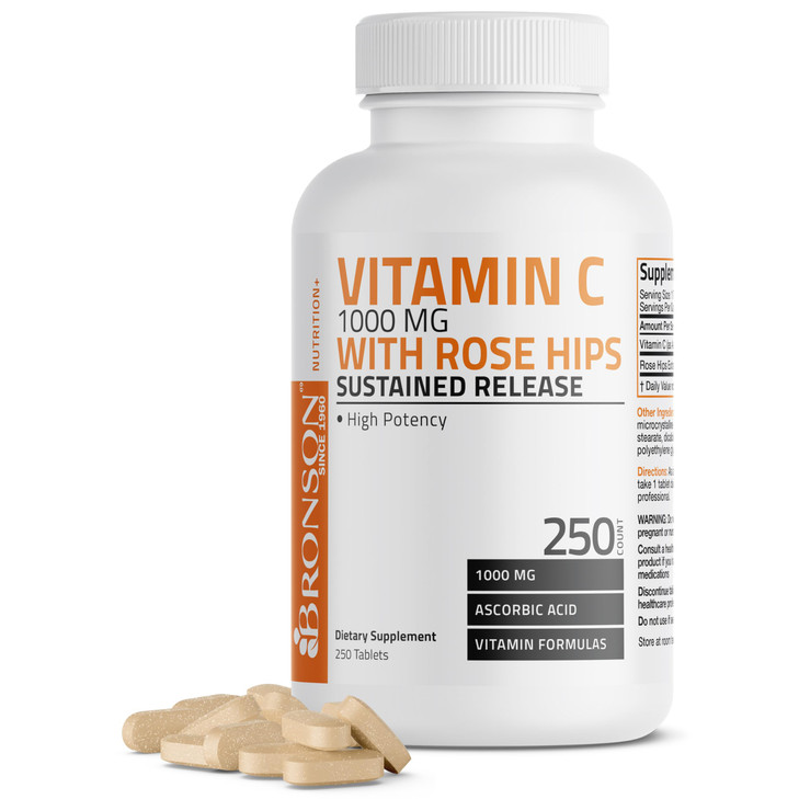 Bronson Vitamin C 1000 mg with Rose HIPS Sustained Release, 250 Tablets