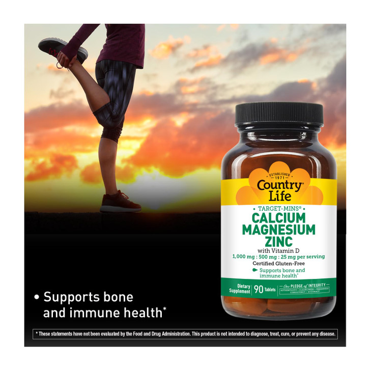 Country Life Calcium Magnesium Zinc with Vitamin D3 and L-Glutamic Acid, Dietary Supplement for Bone Support, Certified Gluten Free , 1000mg/500mg/25