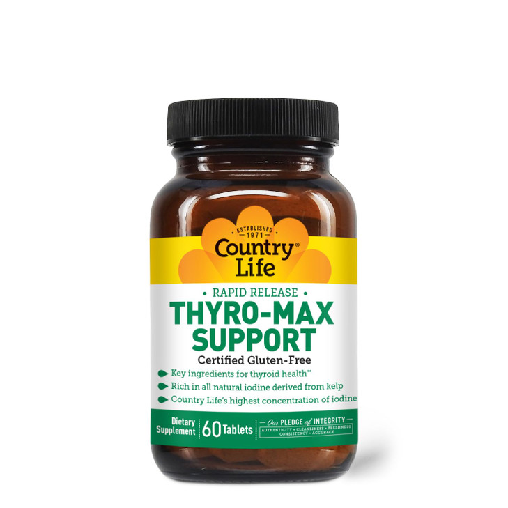 Country Life Thyro-Max Support - Kelp-Derived Iodine & L-Tyrosine Thyroid Supplement for Men and Women - B Vitamins, Gluten-Free, Vegan, Kosher - 60