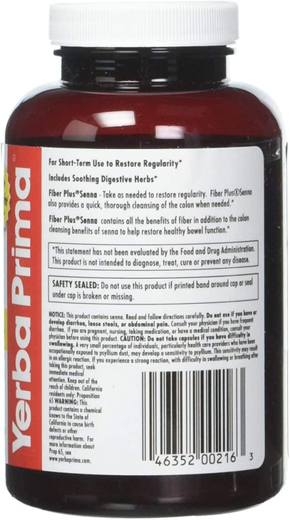 Yerba Prima Fiber Plus Senna Capsules, 180 Count - Gentle Overnight Relief, USA Made, Non-GMO, Gluten-Free