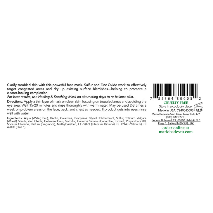 Mario Badescu Drying Mask for All Skin Types - Clarifying Mask that Eliminates Oil - Formulated with Sulfur & Zinc Oxide, 2 Ounce (Pack of 1)