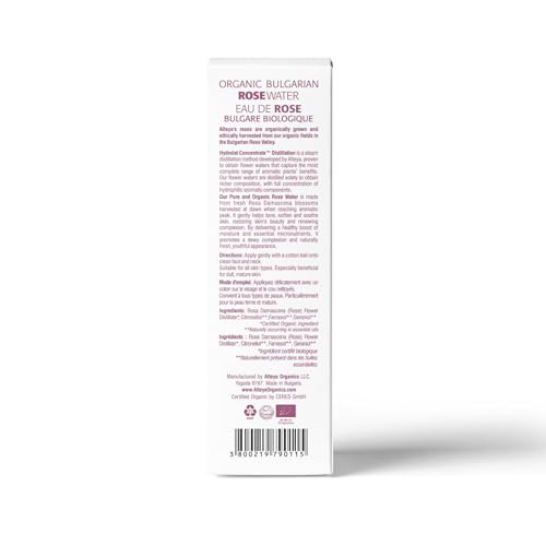 Alteya Organics Rose Water USDA Certified Organic Facial Toner, 8.5 Fl Oz/250mL Pure Bulgarian Rosa Damascena Flower Water, Award-Winning Moisturizer