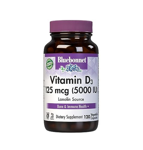 Bluebonnet Vitamin D3 5000 IU 125 mcg - Strong Bones & Immune Support Supplement for Women & Men* Soy-Free, Gluten-Free, Non-GMO, Vegetarian - Highly